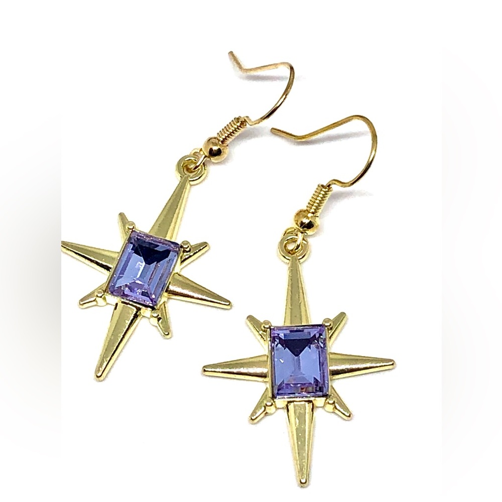 Purple Rock Crystal Gold Star Starburst Retro Look Earrings Festival Rave Party